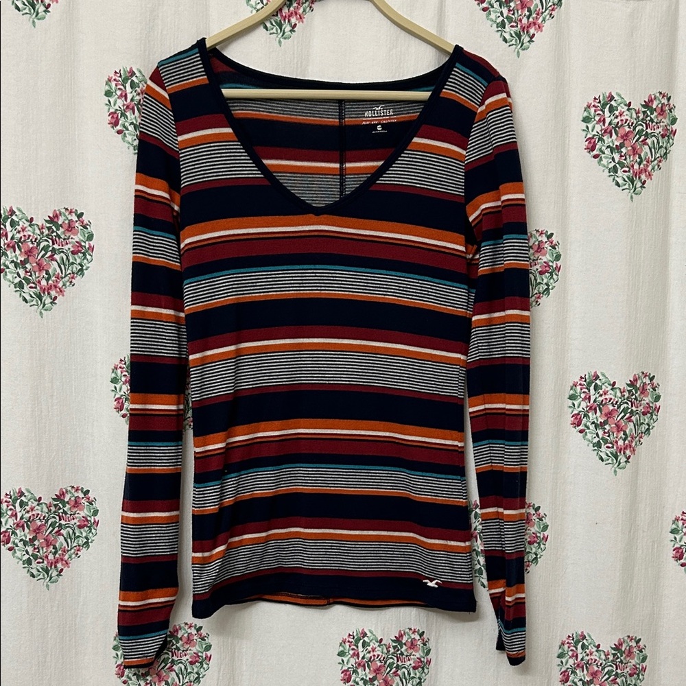 Hollister Striped V-Neck Long Sleeve Top - Red, Blue, White